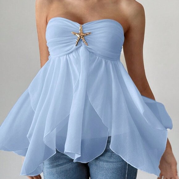 Blue Casual Women's Elegant flowy strapless Blouse - Picture 1 of 6